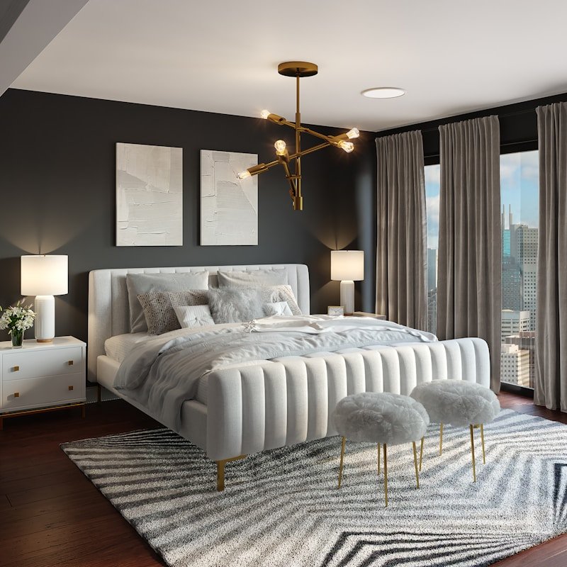 Cozy bedroom interior with bed and soft lighting